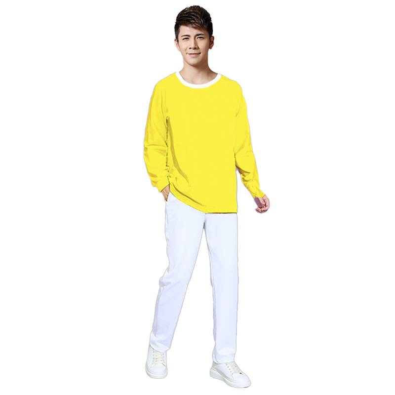 Long sleeve yellow shirt + white long pants